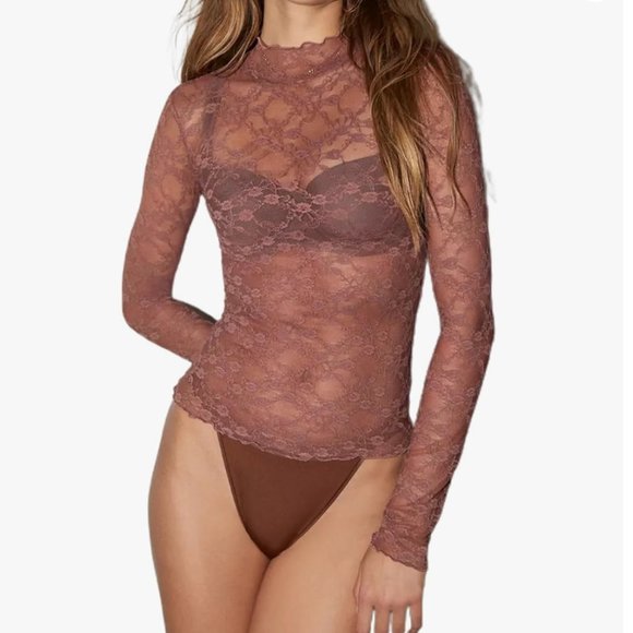Tops - NWOT Sheer Mesh Long Sleeve Layering Top for Women Mock Neck Lace